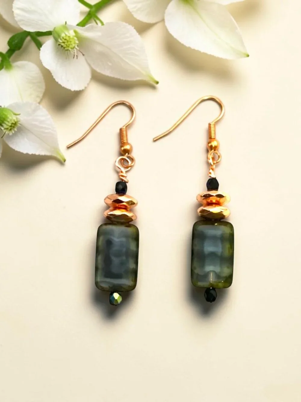 Moss Green Copper Earrings Blue Green Czech Glass Rustic Boho Handmade 2